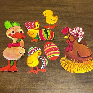 6 Vintage Die Cut Easter Decorations Bunny Eggs Chicks Wall Decor 5" 1980s